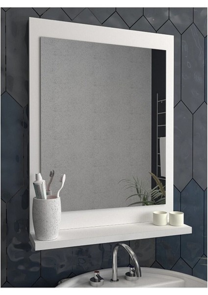 Dresuar, 60X45 Beyaz Raflı Banyo Aynası, Lavabo Üstü Ayna