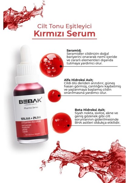Pharma %15 AHA+%2 BHA Cilt Tonu Eşitleyici Kırmızı Peeling Serum Exfoliating Red Serum 30ml fiyatları