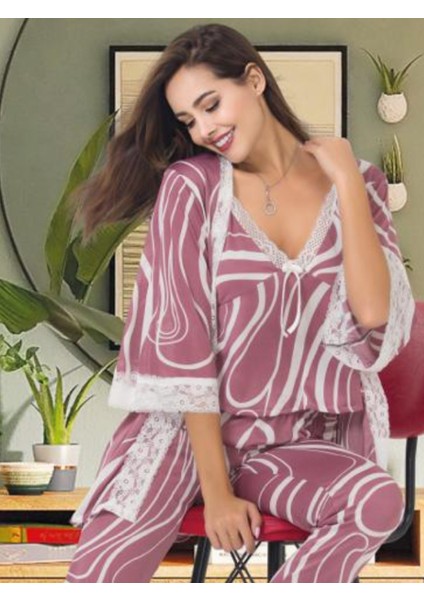 Kadın Pijama Takımı Sabahlık, Dantelli 3'lü Pijama Takımı, Alt Üst Sabahlık Pijama Takımı