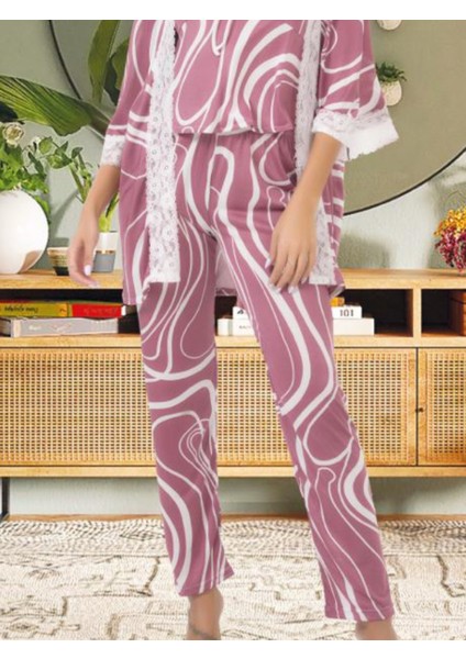 Kadın Pijama Takımı Sabahlık, Dantelli 3'lü Pijama Takımı, Alt Üst Sabahlık Pijama Takımı