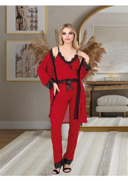 Kadın Pijama Takımı Sabahlık, Dantelli 3'lü Pijama Takımı, Alt Üst Sabahlık Pijama Takımı