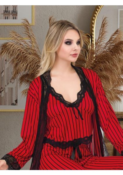 Kadın Pijama Takımı Sabahlık, Dantelli 3'lü Pijama Takımı, Alt Üst Sabahlık Pijama Takımı