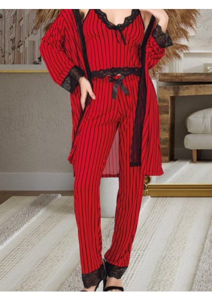 Kadın Pijama Takımı Sabahlık, Dantelli 3'lü Pijama Takımı, Alt Üst Sabahlık Pijama Takımı