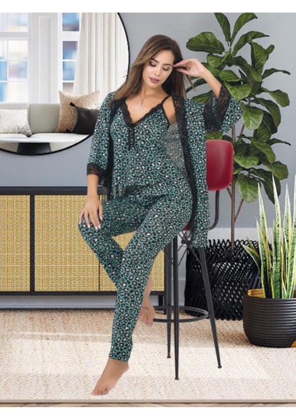 Kadın Pijama Takımı Sabahlık, Dantelli 3'lü Pijama Takımı, Alt Üst Sabahlık Pijama Takımı