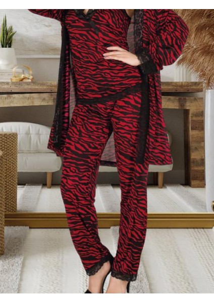 Kadın Pijama Takımı Sabahlık, Dantelli 3'lü Pijama Takımı, Alt Üst Sabahlık Pijama Takımı