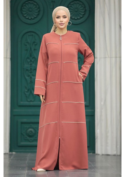Şerit Detaylı Kiremit Tesettür Ferace 20044KRMT