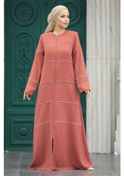 Şerit Detaylı Kiremit Tesettür Ferace 20044KRMT modelleri