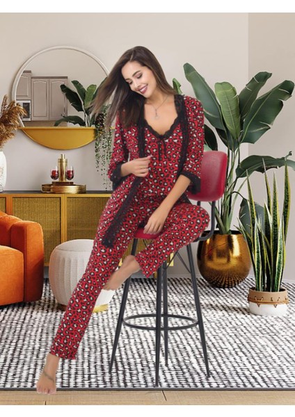 Kadın Pijama Takımı Sabahlık, Dantelli 3'lü Pijama Takımı, Alt Üst Sabahlık Pijama Takımı