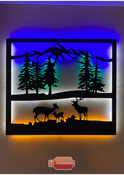 Deer And Nature Ledli Metal Tablo