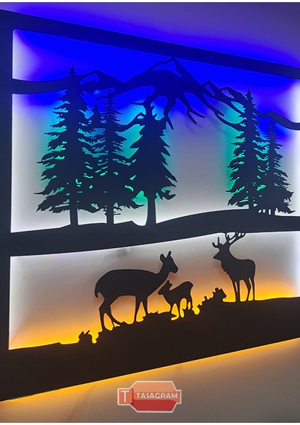 Deer And Nature Ledli Metal Tablo