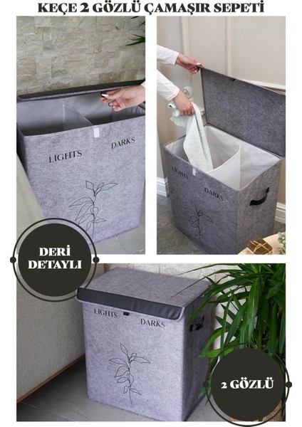 Keçe Deri Detaylı 2 Gözlü Lüks Keçe Çamaşır Sepeti 53X33X60CM