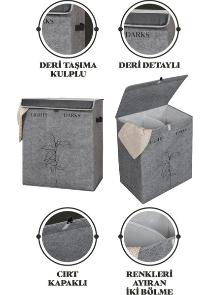 Keçe Deri Detaylı 2 Gözlü Lüks Keçe Çamaşır Sepeti 53X33X60CM fiyatları