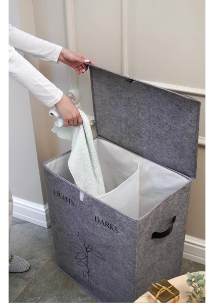 Keçe Deri Detaylı 2 Gözlü Lüks Keçe Çamaşır Sepeti 53X33X60CM fırsatları