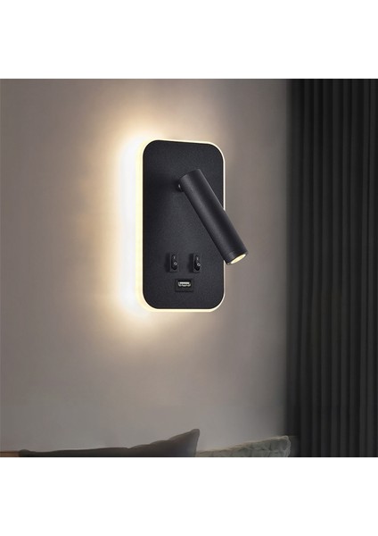 Duvar Işığı Arka Işık USB Şarj 330 Derece Dönme Ayarlanabilir Duvar Lambası Başucu Çalışması Okuma Aplik Lambası Siyah (Yurt Dışından)