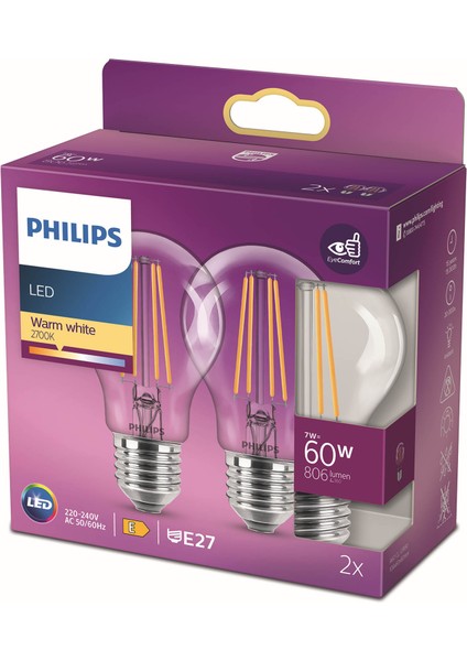 A60 LED Classic 60W E27 Non-Dim 2'li Ampul - 2700K - Sarı Işık