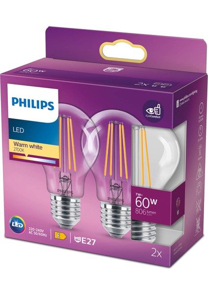 A60 LED Classic 60W E27 Non-Dim 2'li Ampul - 2700K - Sarı Işık