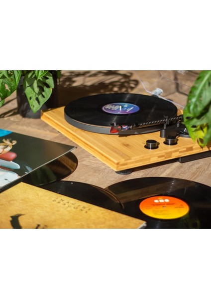 LBT-335 Ba Bluetoothlu Bambu Gövdeli Ortofon 2m Kırmızı Kartuşlu Pikap Plak Çalar