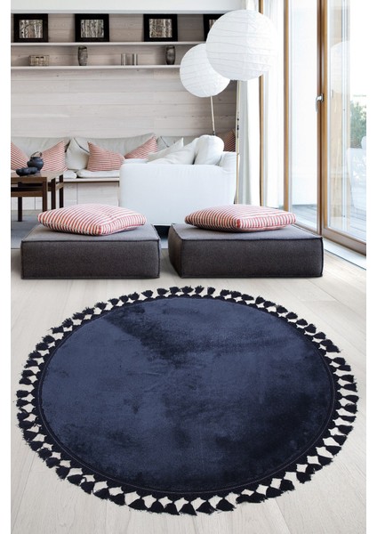 Relax Lacivert Yuvarlak 100X100 cm Ponpon Saçaklı Kaymaz Tabanlı Makinede Yıkanabilir Banyo Paspası