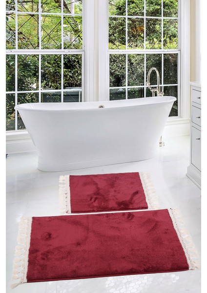 Relax Mürdüm 60X100 + 50X60 cm 2'li Köşeli Ponpon Saçaklı Banyo Halısı Paspası Seti Kaymaz Tabanlı