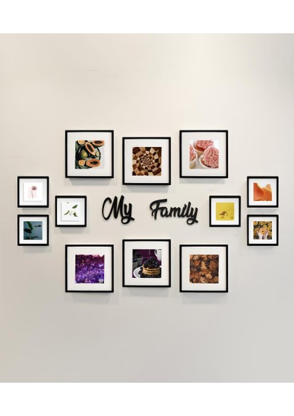 My Family Yazılı Yapışkanlı Sök-Tak Paspartulu Siyah Kare Fotoğraf Çerçevesi - 12'li Paket modelleri