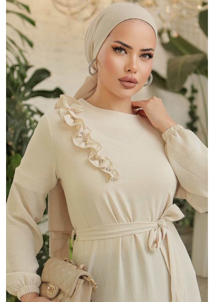 Kemerli Bej Tesettür Elbise 659BEJ