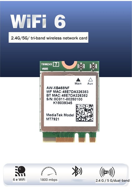 MT7921 Wıfı6 Masaüstü Bilgisayar Dizüstü Dahili Kablosuz Ağ Kartı 2.4g 5g Gigabit Ağ Kartı M2 5.2 Bt Ağ Kartı (Yurt Dışından)