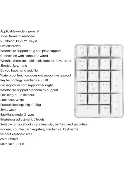 Mekanik Sayısal Tuş Takımı Gateron Kahverengi Anahtarı Kablolu Oyun Tuş Takımı Kristal Kasa Beyaz Arkadan Aydınlatmalı 21 Tuşlar Mini Numpad Tuş Takımı (Yurt Dışından) fırsatları