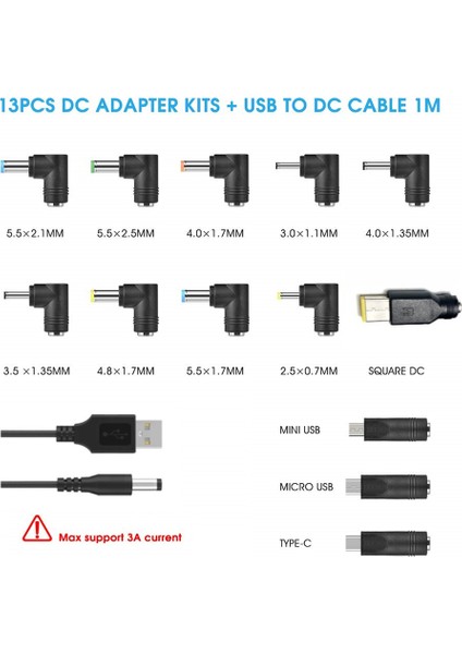 Usb'den Dc'ye Güç Kablosu Evrensel Usb'den Dc Jack'e Şarj Kablosu Güç Kablosu, 13 Değiştirilebilir Fiş Konnektörü Adaptörü (Yurt Dışından)