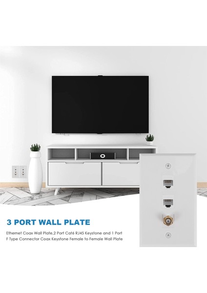 Ethernet Koaksiyel Duvar Plakası, 2 Port Cat6 RJ45 Keystone ve 1 Port F Tipi Konnektör Koaksiyel Keystone Dişi - Dişi Duvar Plakası (Yurt Dışından)