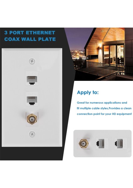 Ethernet Koaksiyel Duvar Plakası, 2 Port Cat6 RJ45 Keystone ve 1 Port F Tipi Konnektör Koaksiyel Keystone Dişi - Dişi Duvar Plakası (Yurt Dışından)