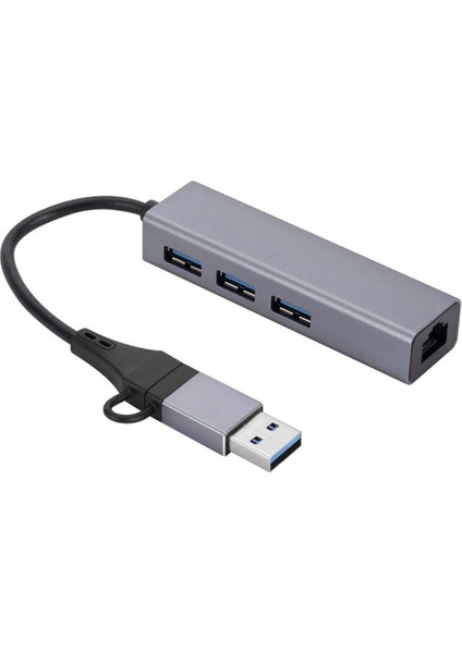 Alüminyum Gigabit Ağ Kartı 1000 Mbps 3 Bağlantı Noktalı 3.0 Hub 2'si 1 Arada Kablo Usb-C - RJ45 Sürücüsüz Ağ Kartı (Yurt Dışından)