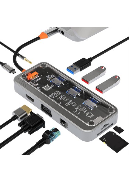 10'u 1 Arada USB C Hub Adaptörü, Çift Monitör Için USB C Dizüstü Bilgisayar Yerleştirme Istasyonları, Usb3.0 2.0 Bağlantı Noktaları, 100W Pd Şarjı, RJ45, Ses (Yurt Dışından)
