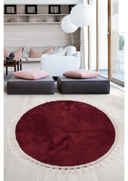 Relax Mürdüm Yuvarlak 100X100 cm Ponpon Saçaklı Kaymaz Tabanlı Makinede Yıkanabilir Banyo Paspası