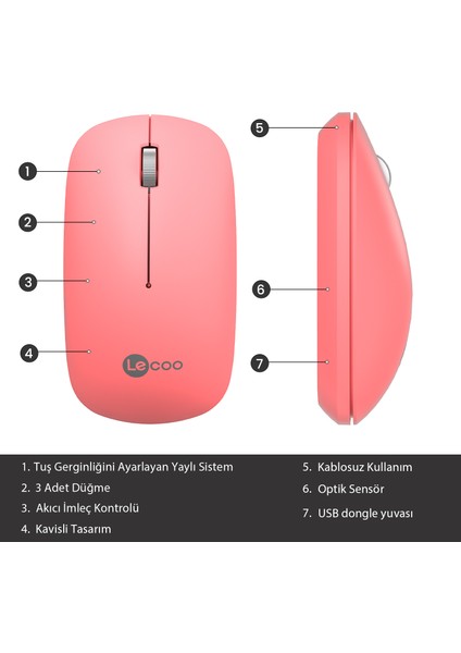 WS214 Kablosuz 1200DPI 3 Tuşlu Optik Mouse Pembe