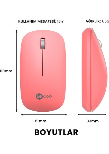 WS214 Kablosuz 1200DPI 3 Tuşlu Optik Mouse Pembe