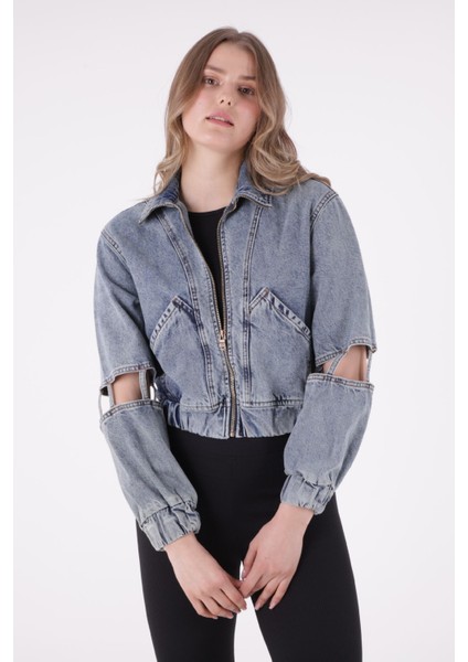 Kolları Bağlantı Detaylı Klasik Yakalı Cepli ve Astarsız Bomber Crop Kadın Kot Ceket Ortamavi Denim fiyatları