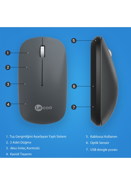 WS214 Kablosuz 1200DPI 3 Tuşlu Optik Mouse Gri