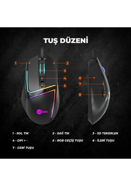 Lenovo Lecoo MS106 Kablolu RGB LED Aydınlatmalı 3200DPI 7 Tuşlu Gaming Mouse Siyah