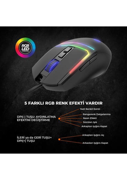 Lenovo Lecoo MS106 Kablolu RGB LED Aydınlatmalı 3200DPI 7 Tuşlu Gaming Mouse Siyah