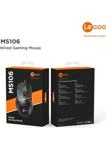 Lenovo Lecoo MS106 Kablolu RGB LED Aydınlatmalı 3200DPI 7 Tuşlu Gaming Mouse Siyah