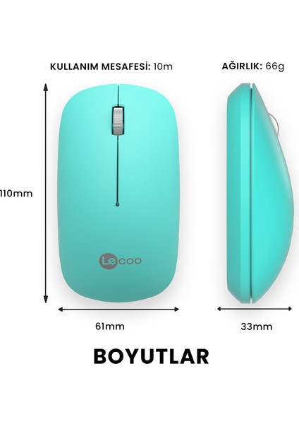 WS214 Kablosuz 1200DPI 3 Tuşlu Optik Mouse Turkuaz