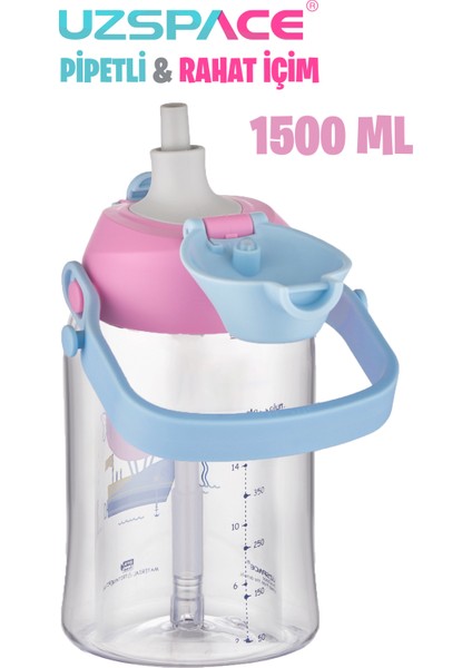 Büyük Boy 1500 ml Tek Kapak Çift Kullanım Pipetli Pipetsiz Askı Aparatlı Tritan Su Matarası