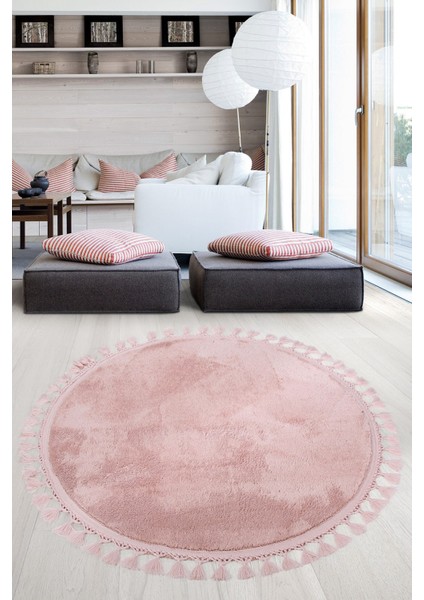 Relax Pudra Yuvarlak 120X120 cm Ponpon Saçaklı Kaymaz Tabanlı Makinede Yıkanabilir Banyo Paspası