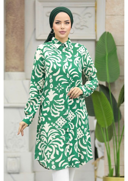 Desenli Yeşil Tesettür Viskon Tunik 11662Y