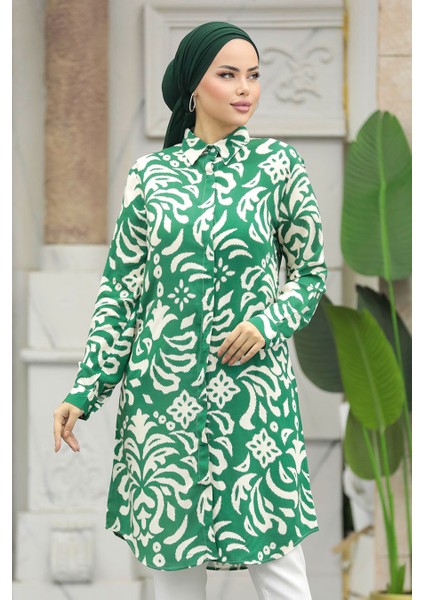 Desenli Yeşil Tesettür Viskon Tunik 11662Y modelleri