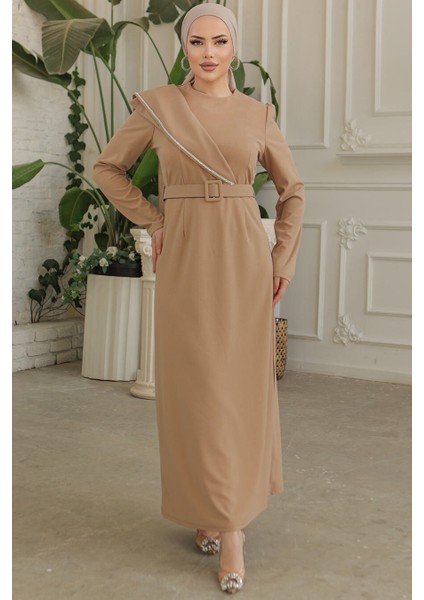 Tokalı Kemerli Bisküvi Tesettür Abiye Elbise 664BS fiyatları