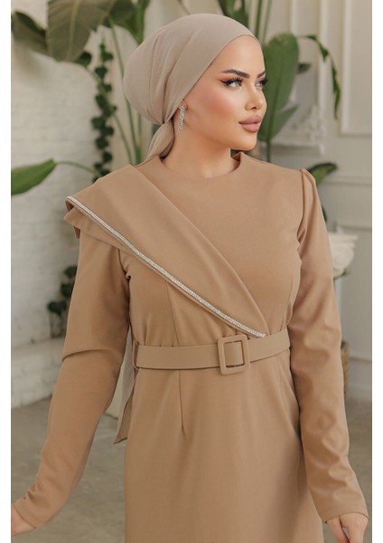 Tokalı Kemerli Bisküvi Tesettür Abiye Elbise 664BS modelleri