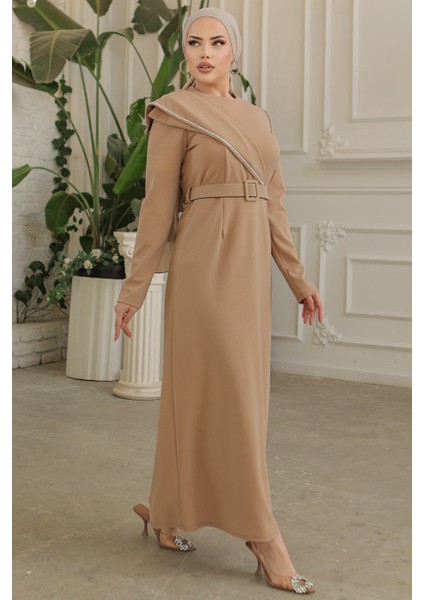 Tokalı Kemerli Bisküvi Tesettür Abiye Elbise 664BS