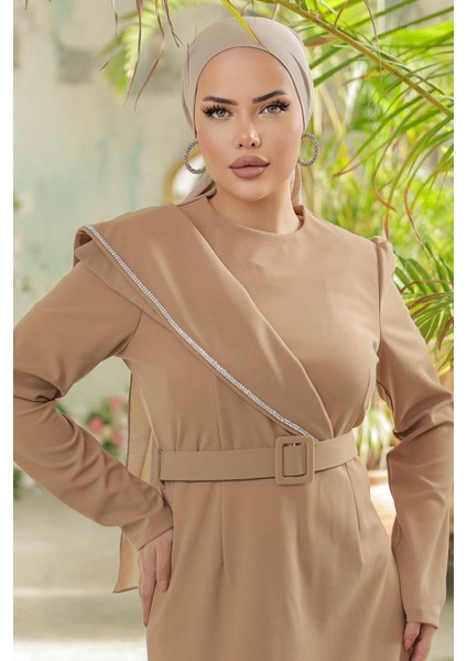 Tokalı Kemerli Bisküvi Tesettür Abiye Elbise 664BS fırsatları