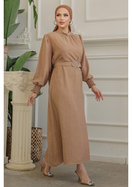 Kemerli Camel Tesettür Elbise 661C